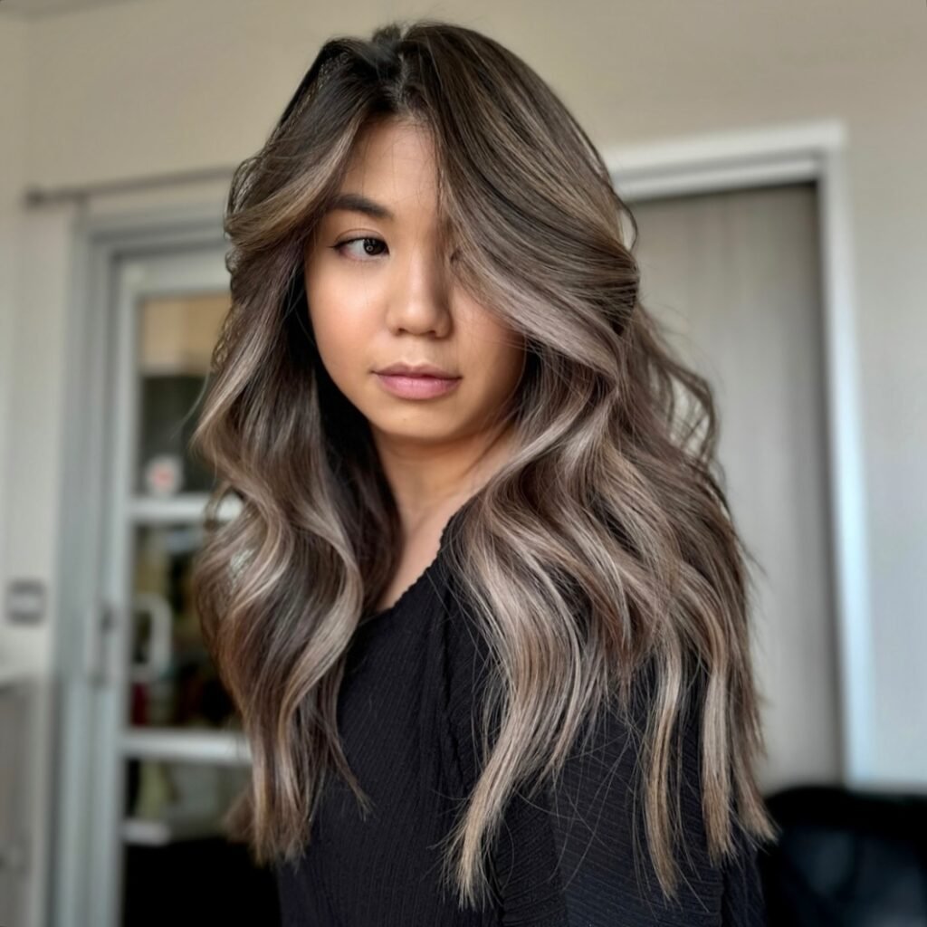 Woman with soft ashy brown balayage waves — a subtle and sophisticated Fall Hair Colors idea.