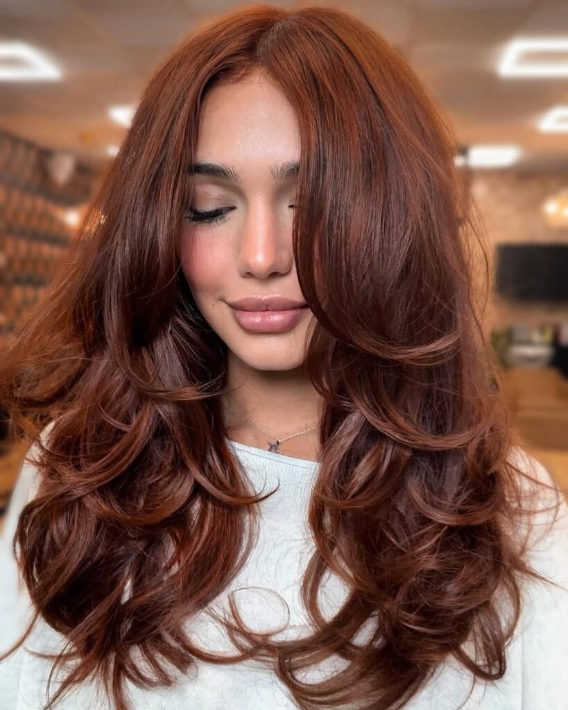 Woman with shiny auburn hair in thick voluminous waves — a classic and youthful choice for Fall Hair Colors.

