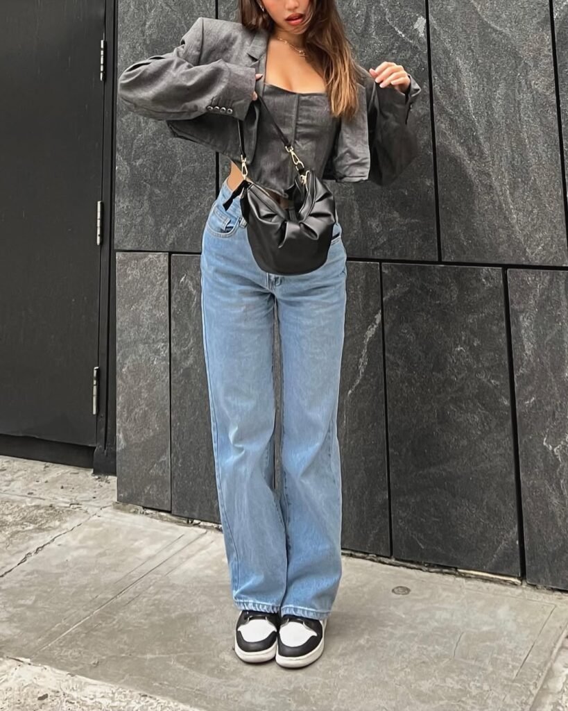 Trendy outfit inspo with a structured blazer, corset top, and straight-leg jeans.