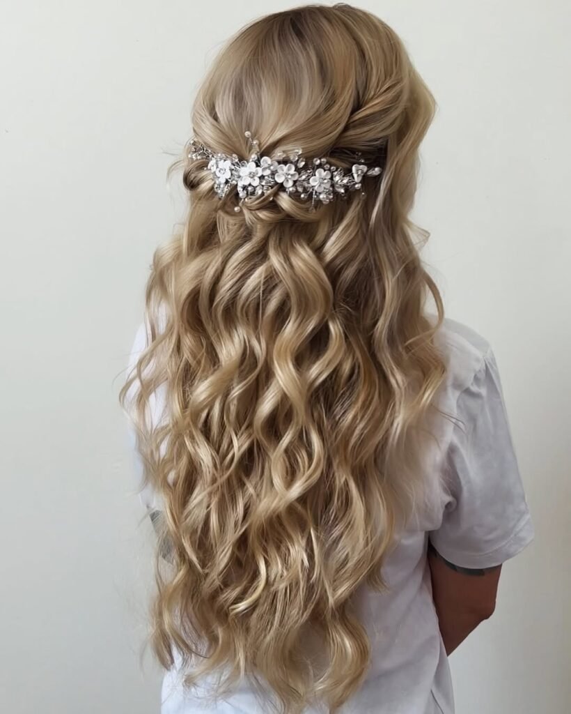  Elegant long wavy hairstyle with silver floral hairpiece — ideal for weddings or glamorous evenings.
