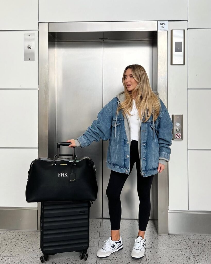 Stylish traveler in a denim jacket, white tee, and black leggings paired with sneakers — a comfy and trendy example of airport outfits.