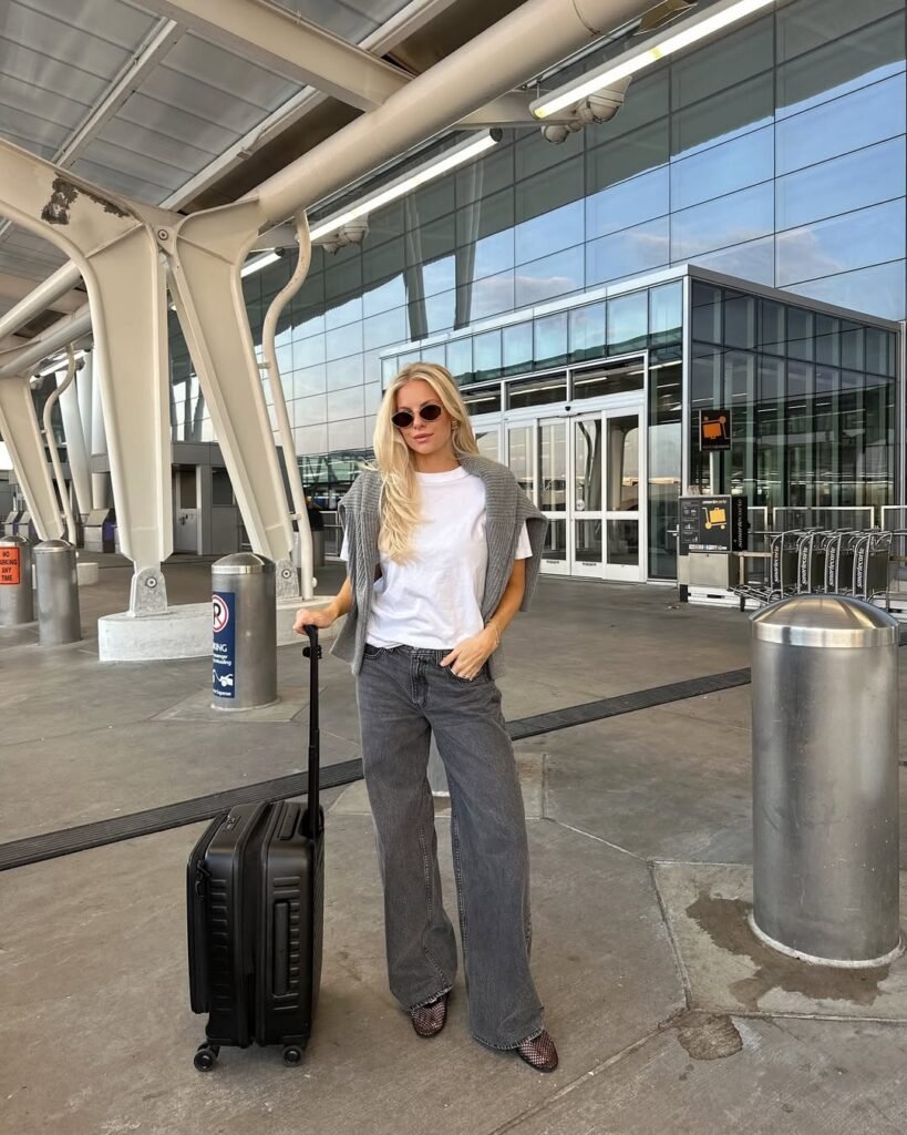 Airport outfit featuring wide-leg jeans, white tee, and gray sweater over the shoulders – laid-back travel style.