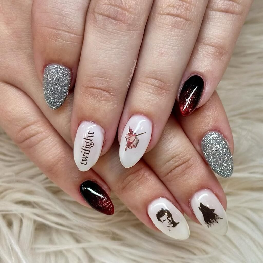 Twilight-themed Fall Nail Colors with silver glitter and gradient red-black tips.

