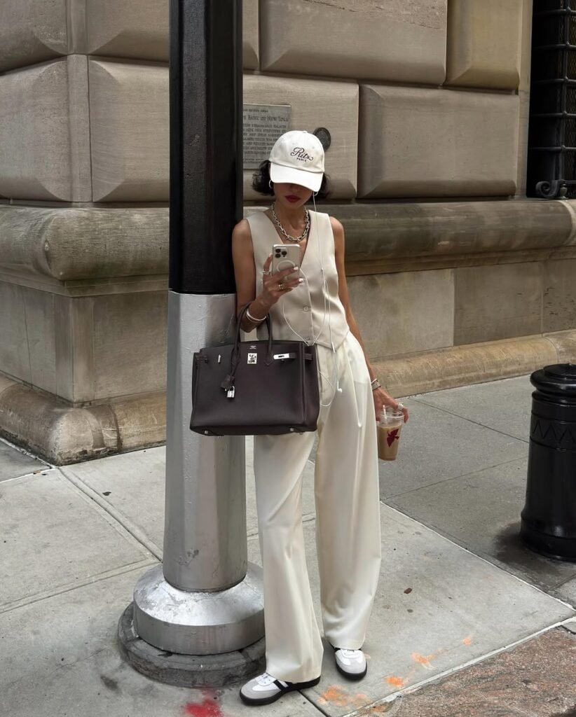 Woman in a minimalist cream vest and wide-leg pants with a cap and designer bag – a sporty yet elegant outfit for city life.