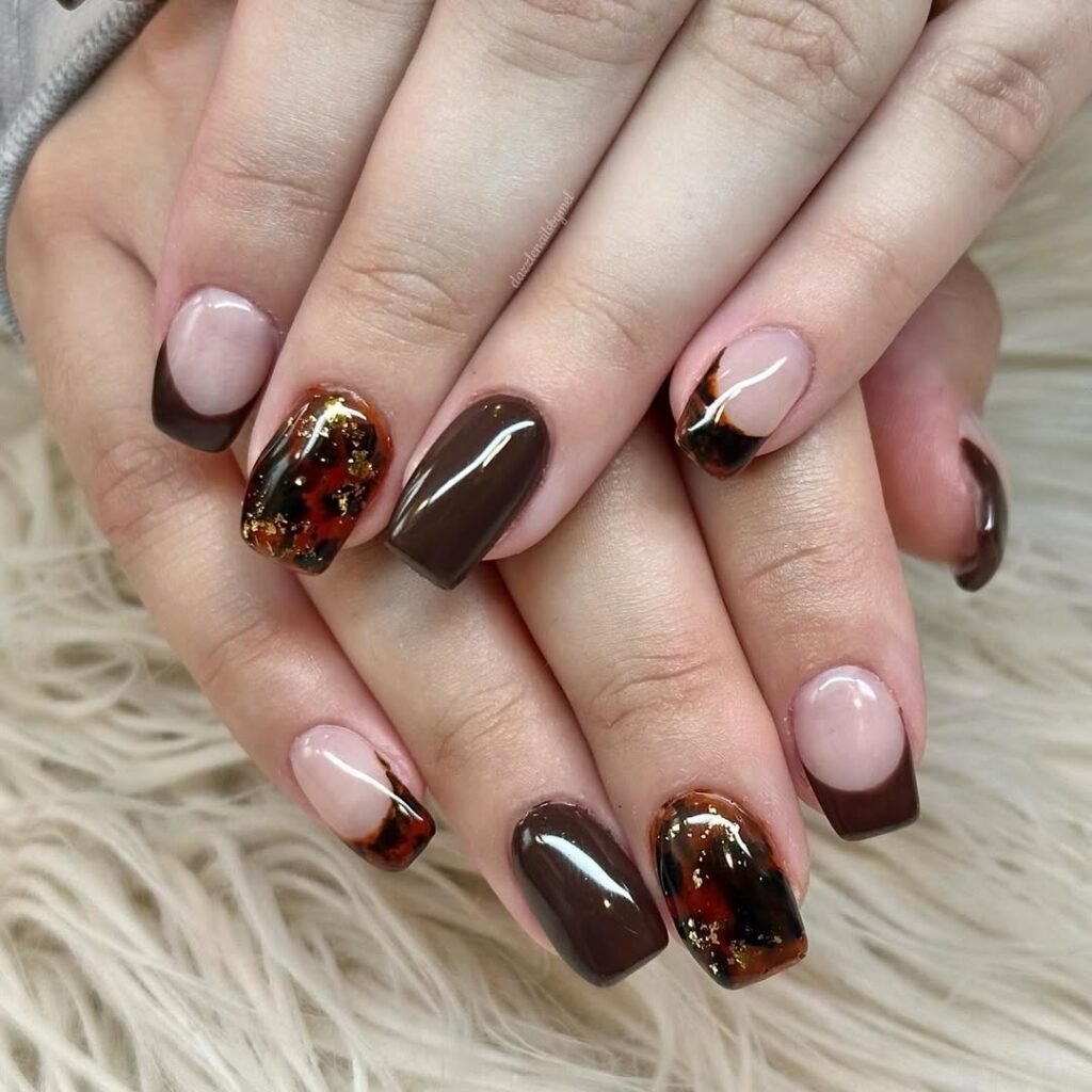 Rich chocolate brown Fall Nail Colors featuring tortoiseshell and French tip designs.