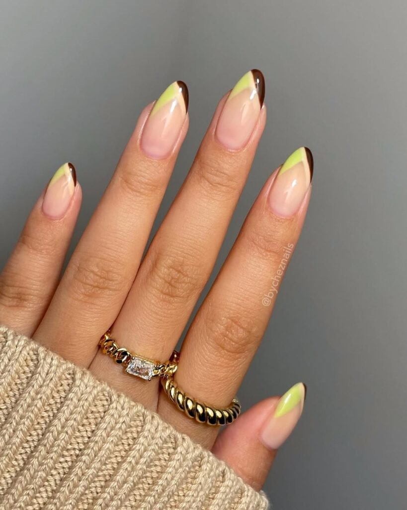 Soft brown and lime geometric French manicure — adds a modern edge to your Night Out Outfit.