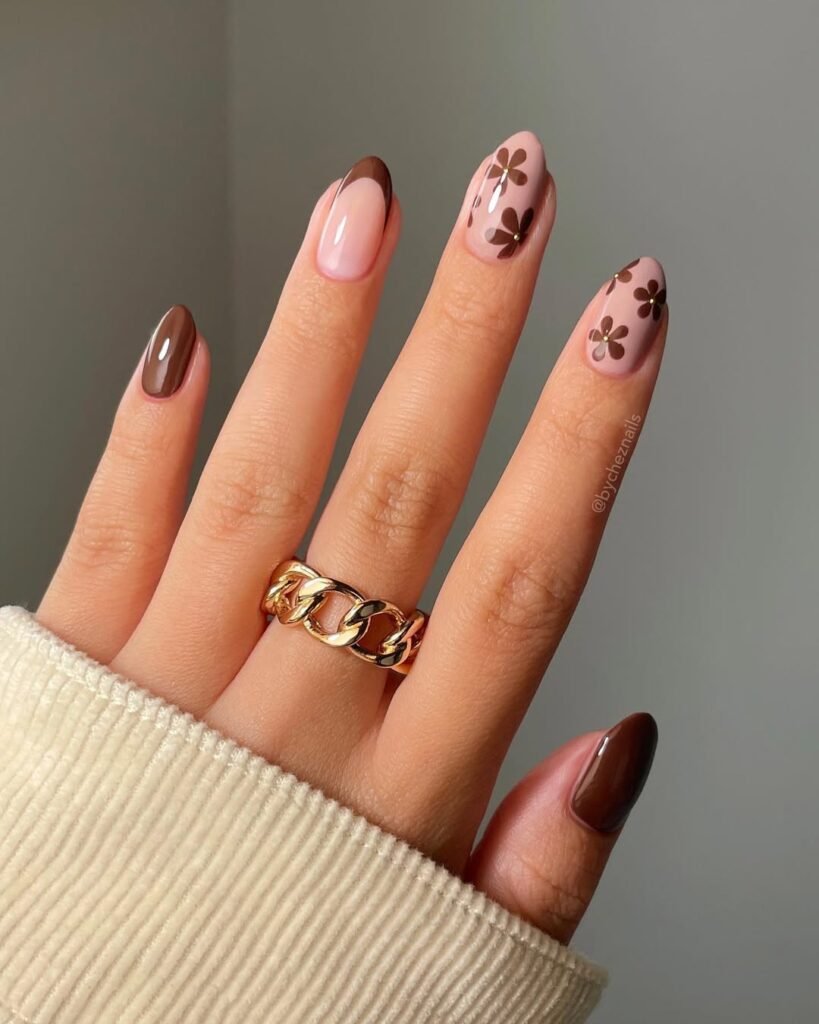 Cute brown floral and French tip mix — adds a feminine touch to your Night Out Outfit.