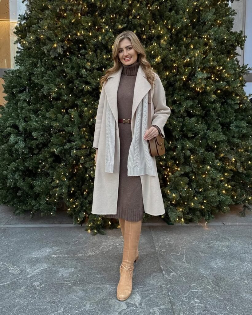 Warm brown knit dress and beige coat with knee-high boots – cozy and elegant outfit for holidays.