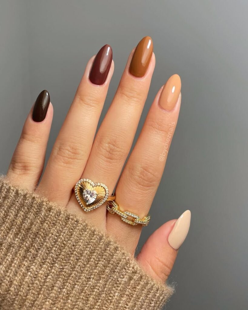 Gradient brown almond nails in nude to espresso tones — minimalist and polished Night Out Outfit choice.