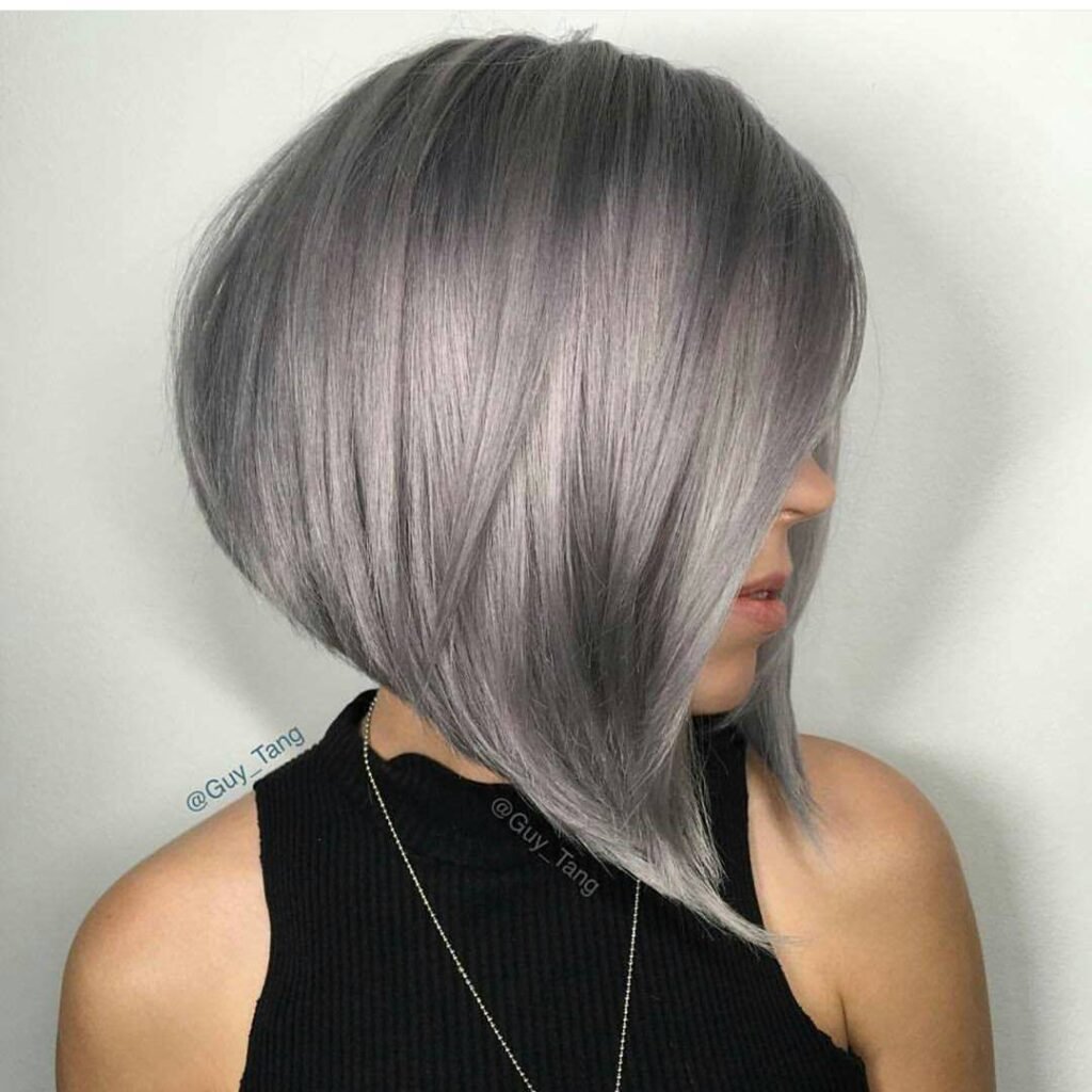 Silver angled bob with smooth finish, a stylish twist on cute hairstyles for short hair.