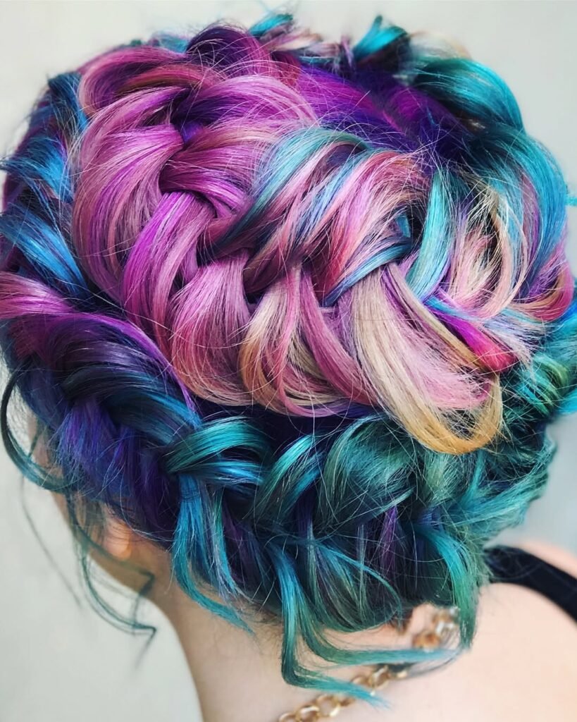 Intricate braided crown on multicolored pastel short hair – cute hairstyles for short hair.
