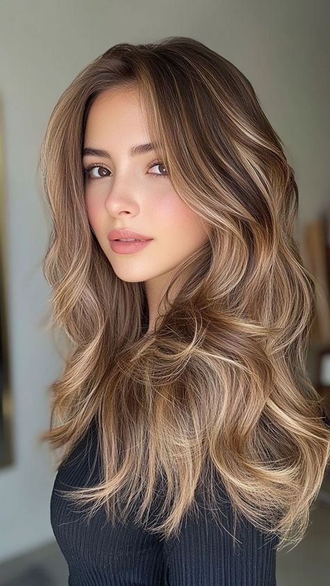 A stunning portrait of a woman with light brown, wavy hair styled in soft, voluminous waves. The subtle highlights add dimension to her hair, showcasing a beautiful Brown Hair Color Idea.