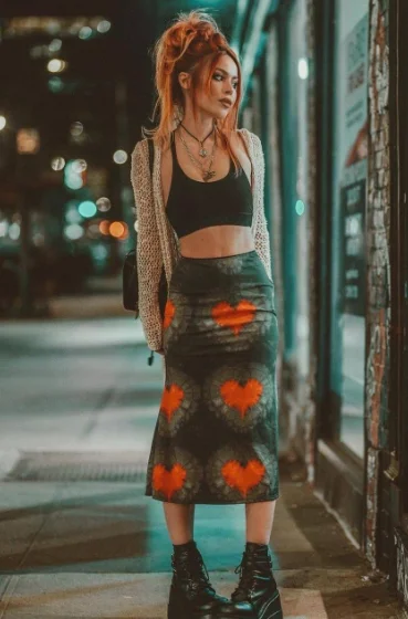 Grunge Outfits: Person with red hair wearing a black crop top, beige cardigan, and a long tie-dye skirt with orange hearts, posing on a city street at night.