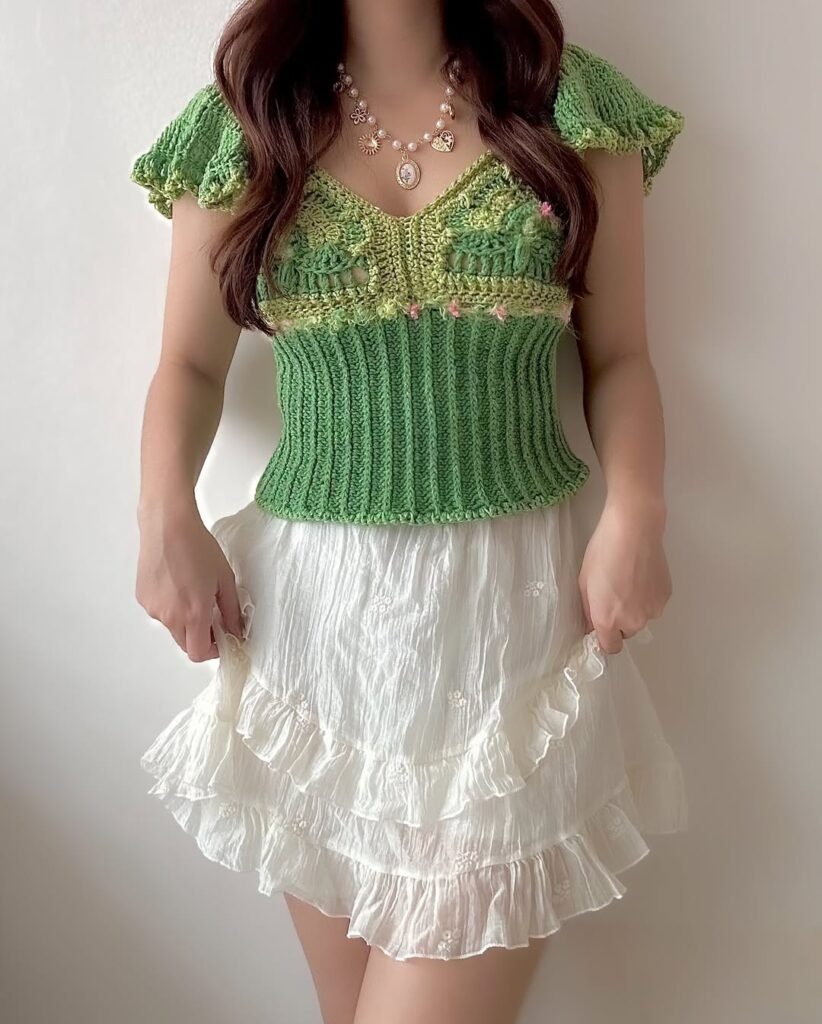 Woman in a green and yellow cap-sleeve crochet top with ribbed midsection, paired with a layered white ruffle skirt – Crochet Outfits.