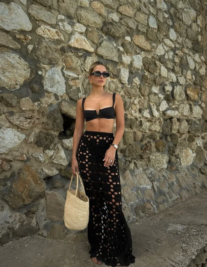 Woman in a black bikini top and high-waisted long black crochet skirt with circular openwork design, accessorized with sunglasses and straw bag – Crochet Outfits.