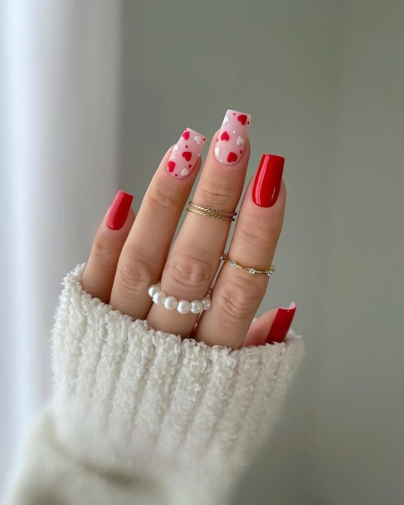Red Nail Ideas displaying red nails with white and red heart designs, along with delicate gold rings."