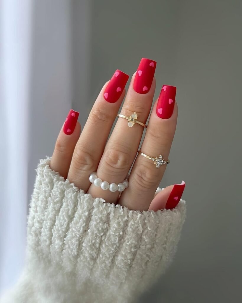 Matte red square nails with subtle pink hearts on each nail, styled with pearl and gold rings, trendy Red Nail Ideas.