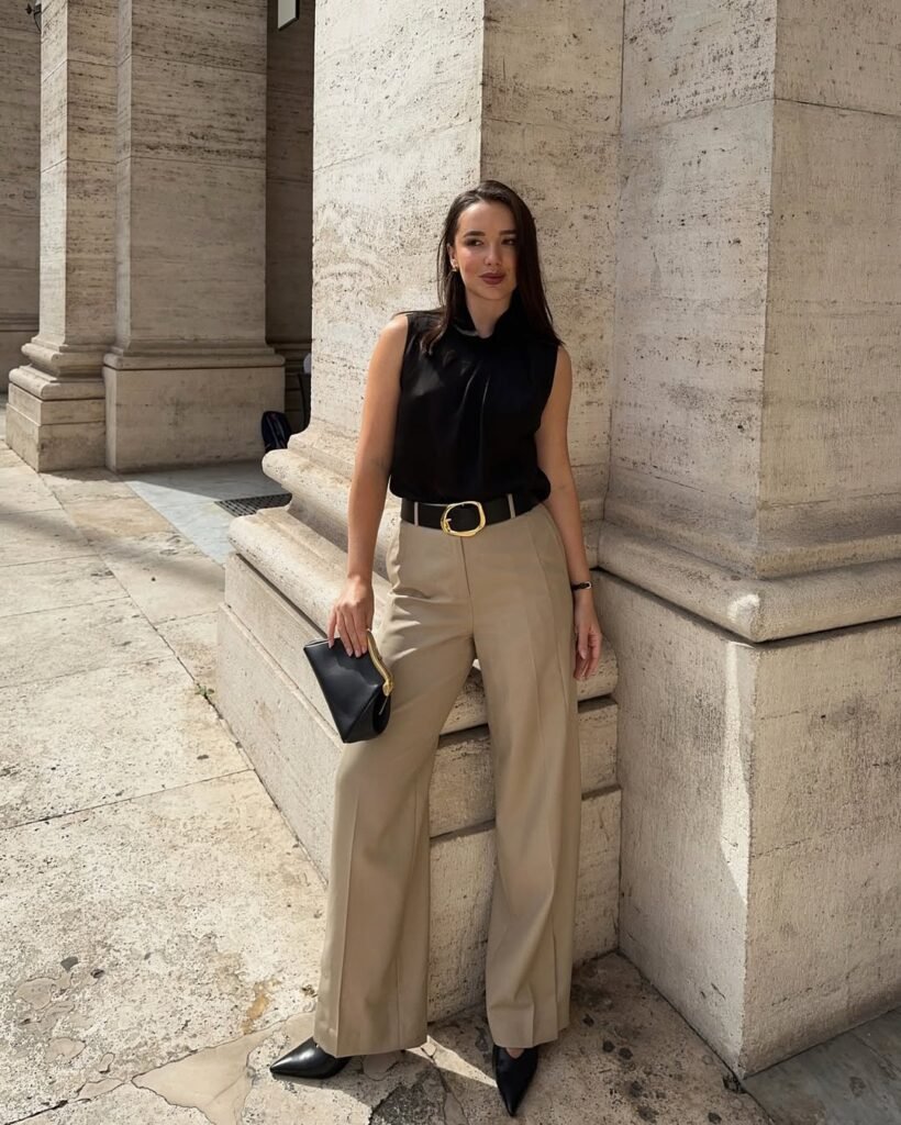 Elegant stylish work outfit with black blouse and tan wide-leg trousers.