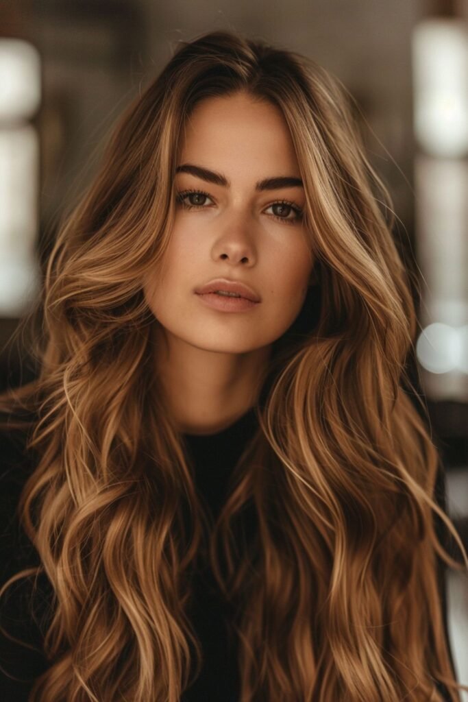 A young woman with long, flowing brown hair styled in loose waves, highlighting a beautiful, golden brown hair color idea.