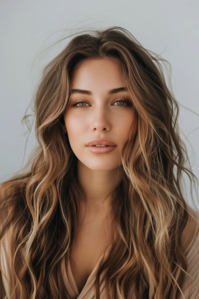 A woman with soft, medium-length brown hair styled in loose waves, demonstrating a warm and glossy brown hair color idea.