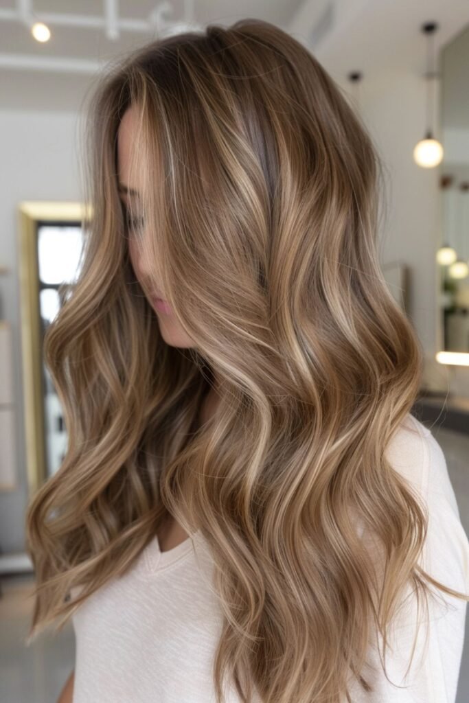 A young woman with dark brown hair styled in natural waves, showcasing a glossy, chocolate brown hair color idea.