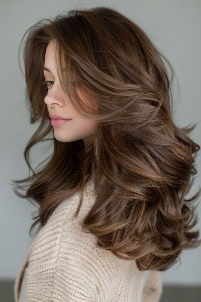 A woman with long, voluminous brown hair, featuring caramel highlights, creating a dynamic and stunning brown hair color idea.