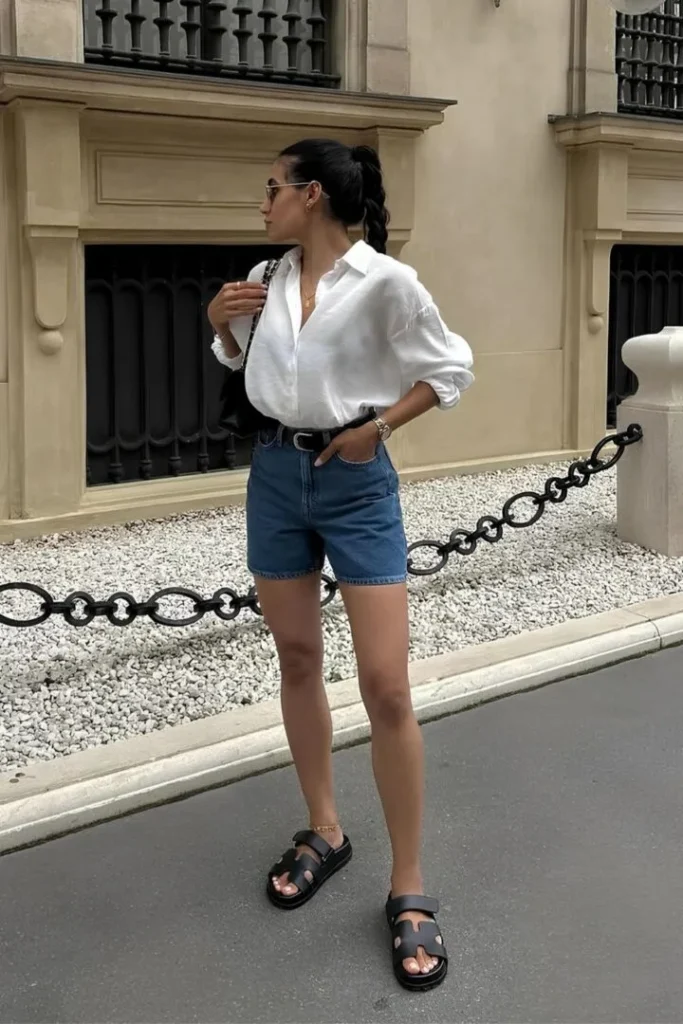 Laid-back summer style with a white linen shirt tucked into denim shorts, black belt and sandals — perfect casual outfit ideas summer.
