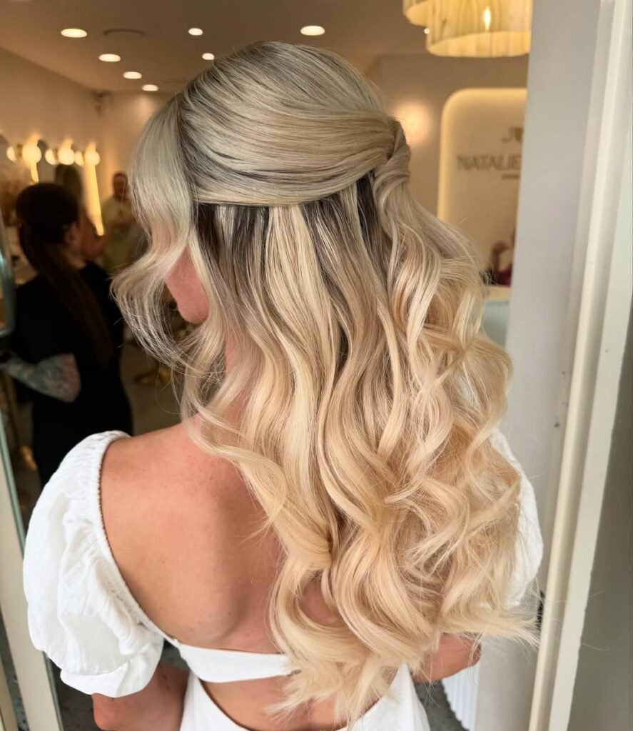 Elegant hairstyle featuring long blonde waves with a simple twisted half-updo.