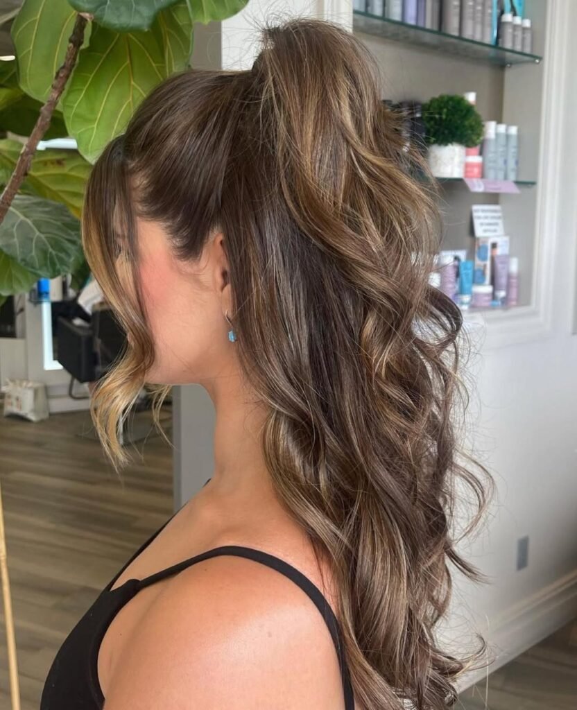 Elegant hairstyle with a high voluminous ponytail and soft curls cascading down the back.
