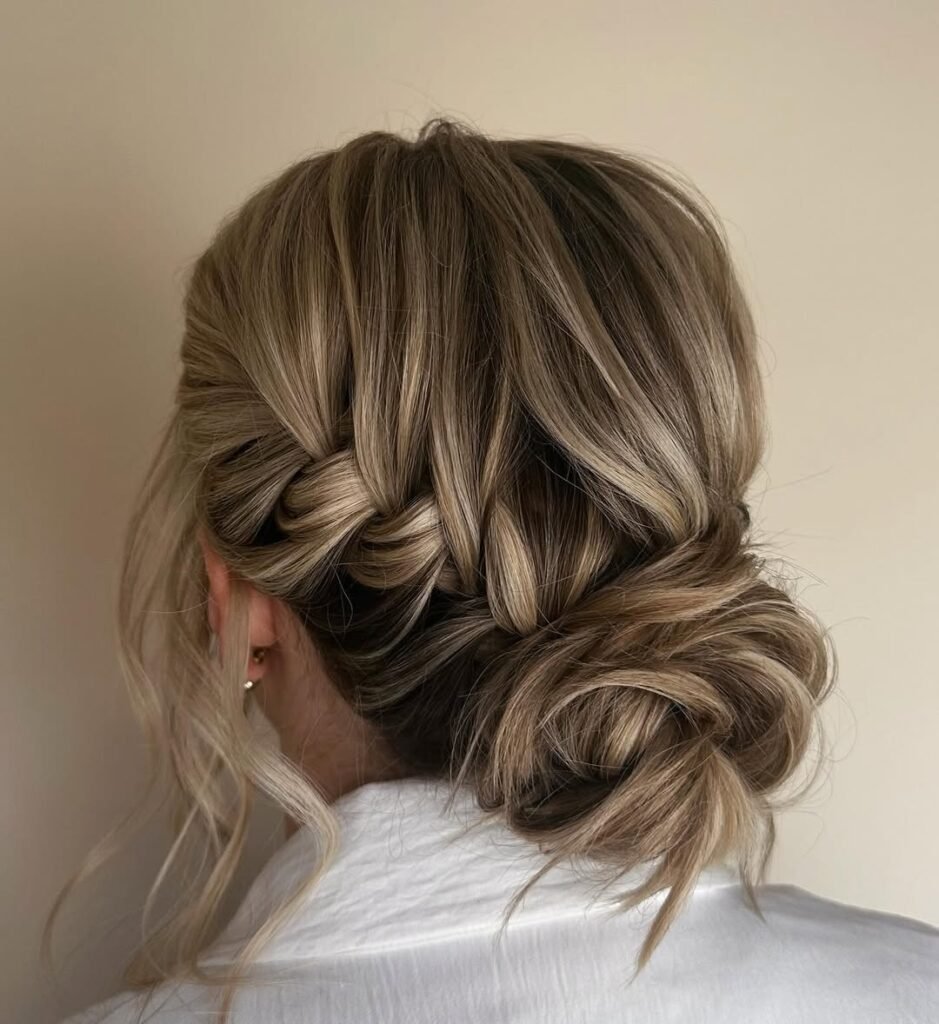 Elegant hairstyle with a side braid flowing into a soft low bun for a timeless and classy appearance.