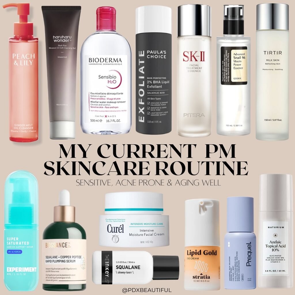 Collection of skincare bottles and jars labeled as my current PM skincare routine, featuring various hydrating skincare ideas for sensitive, acne-prone, and aging skin.