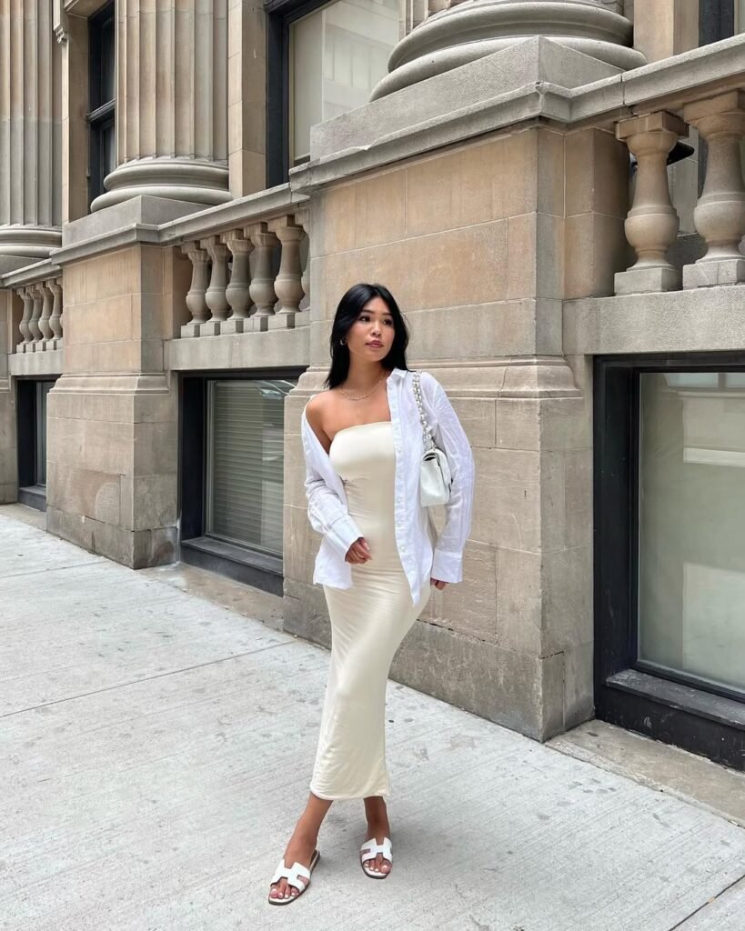 Elegant cream dress with white shirt overlay – minimal chic Outfits Casuales for city strolls.