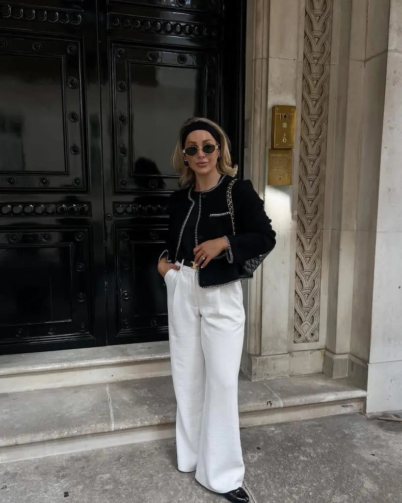 Chic black and white look with tailored pants, a signature old money outfit.