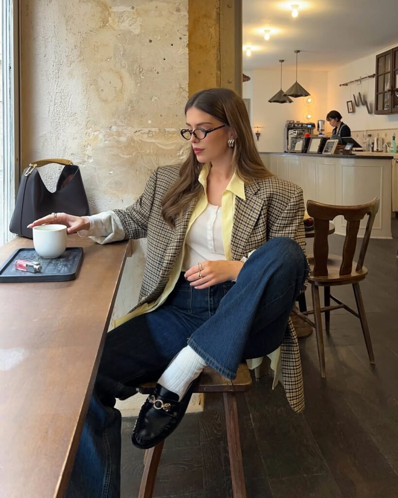 Woman in oversized blazer, sipping coffee in a cafe – old money outfits with academic and retro flair.