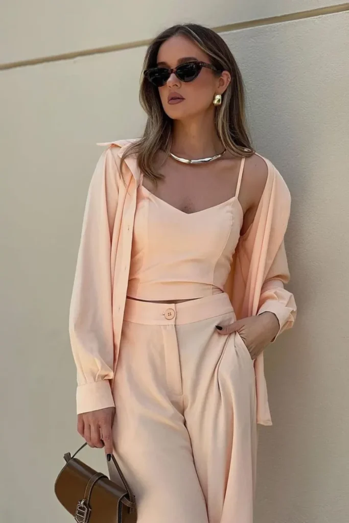 Elegant peach-toned Summer Vacation Outfit featuring a strappy top, wide-leg trousers, and a matching shirt for a monochrome chic look.