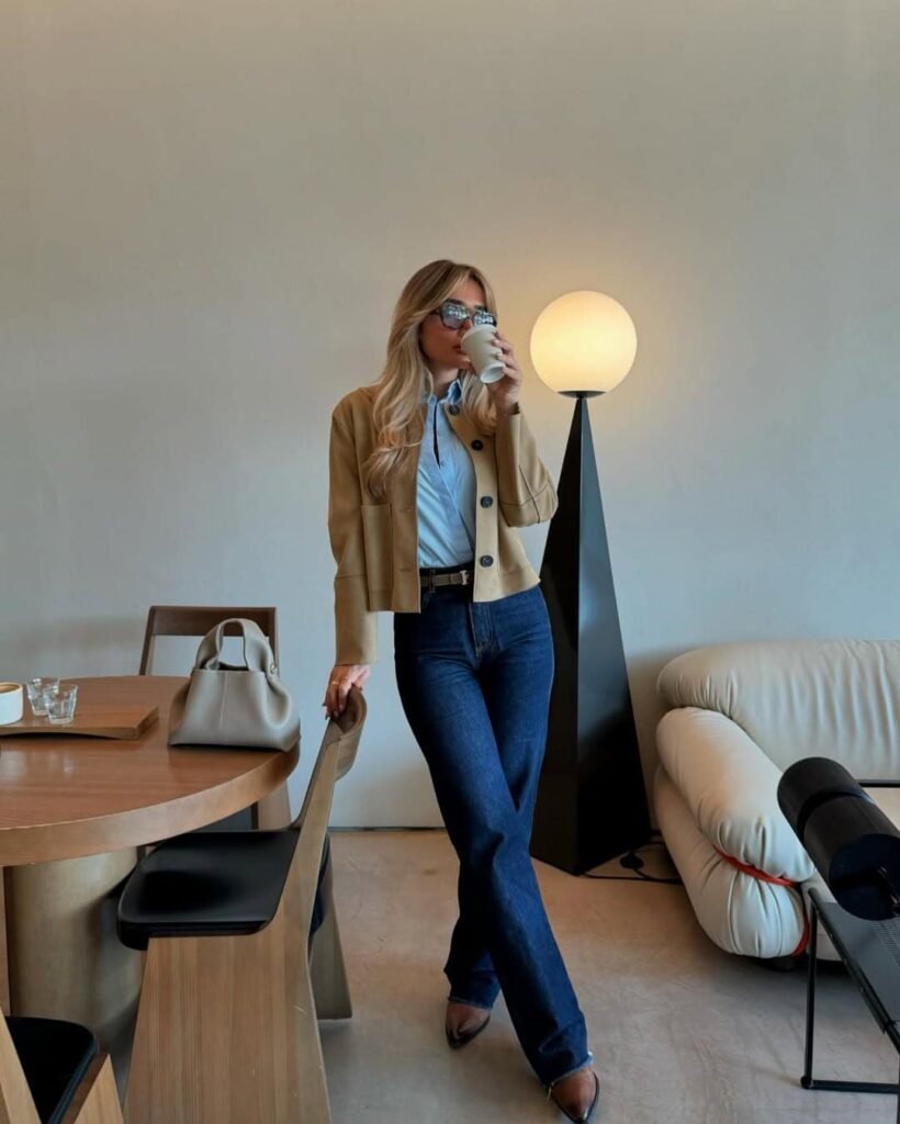 Classic wide leg pants outfit featuring dark blue jeans, a blue shirt, and a beige cropped jacket for a smart café look.