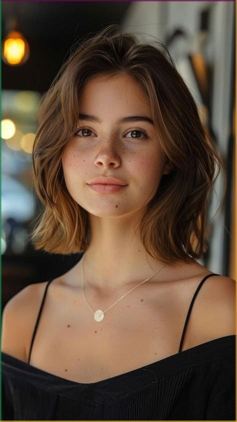 Cute Hairstyles for Short Hair with soft, layered waves and a natural brunette tone, styled with a center part and delicate necklace.