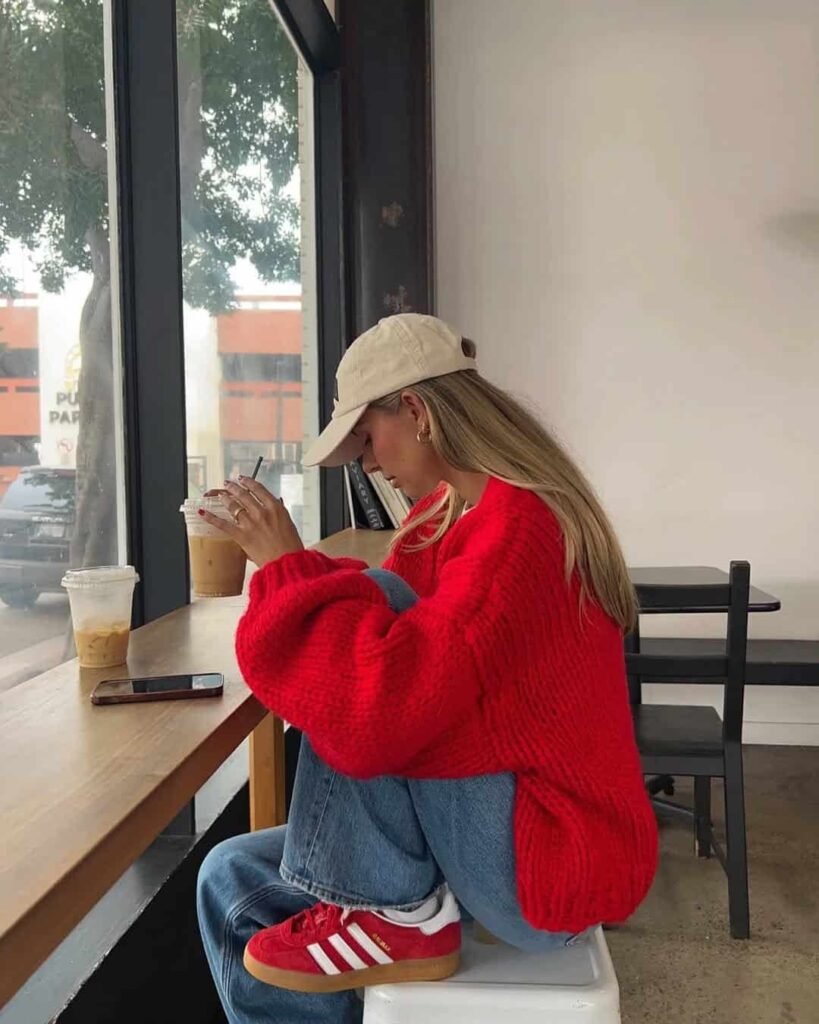 Cozy cafe style wearing Adidas Samba Outfits with a chunky red sweater, blue jeans, and beige baseball cap.