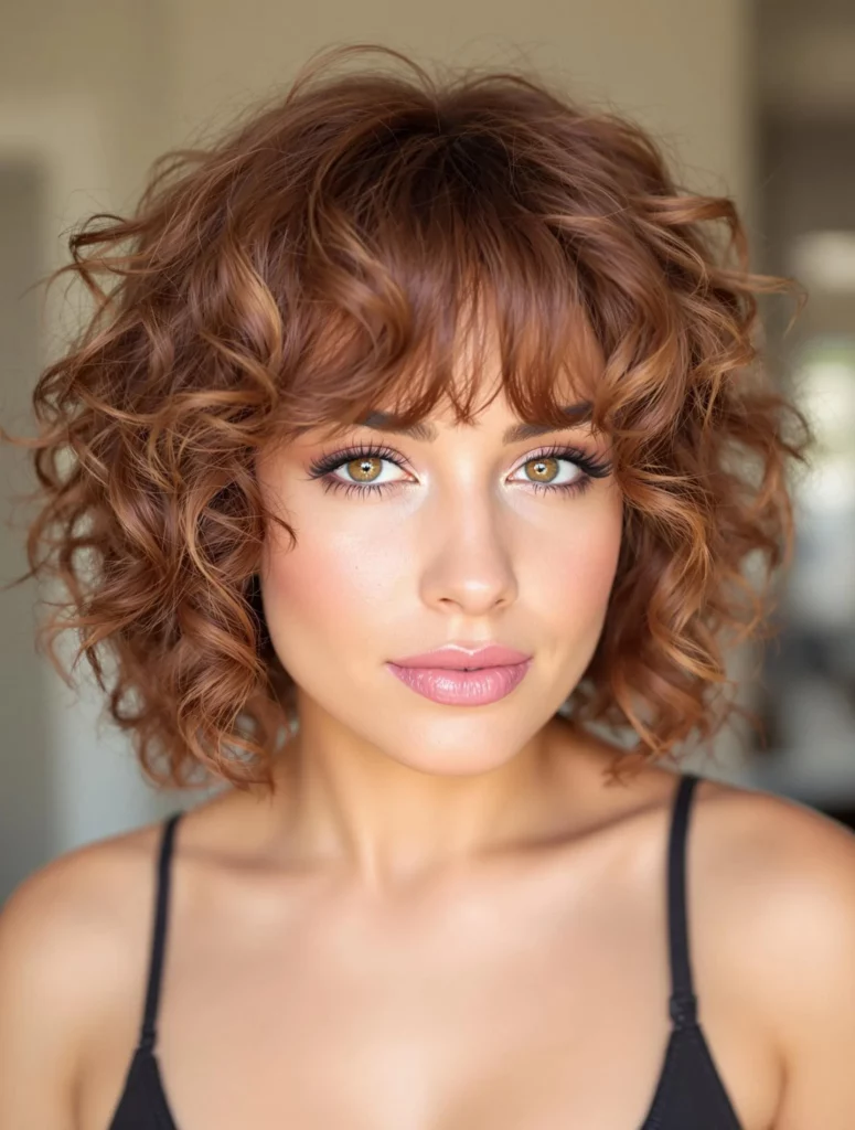 Cute Hairstyles for Short Hair featuring voluminous red curls and wispy bangs, creating a bold and playful curly bob look.