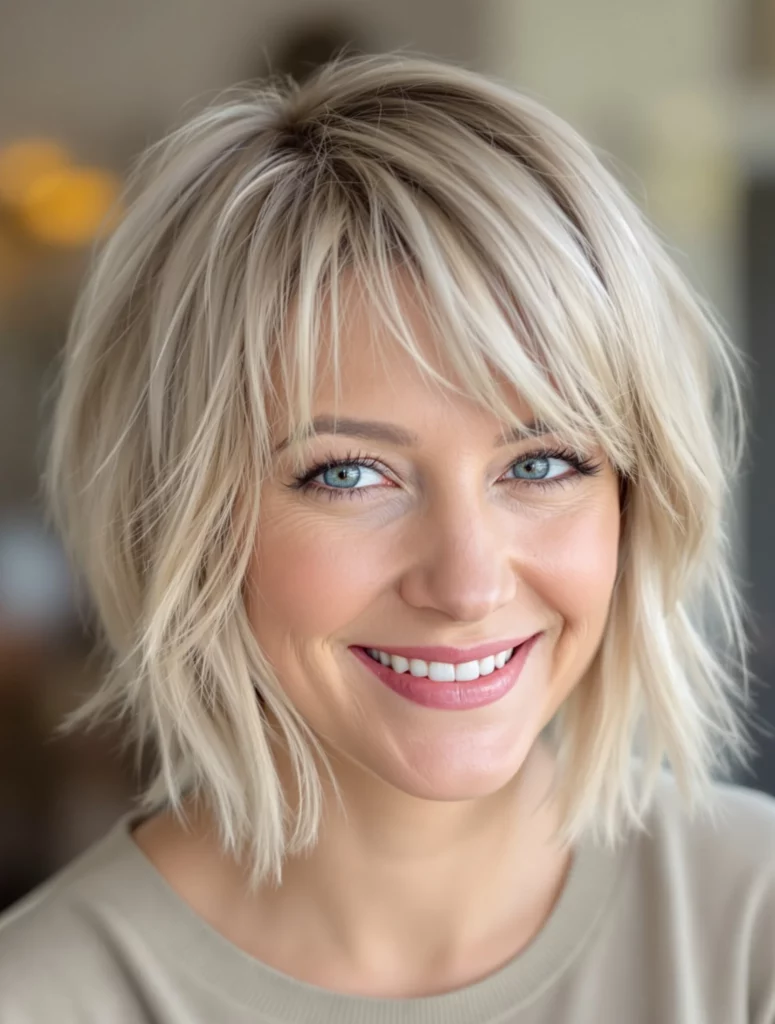 Cute Hairstyles for Short Hair in a choppy platinum blonde bob with textured layers and side bangs, giving a light and breezy vibe.