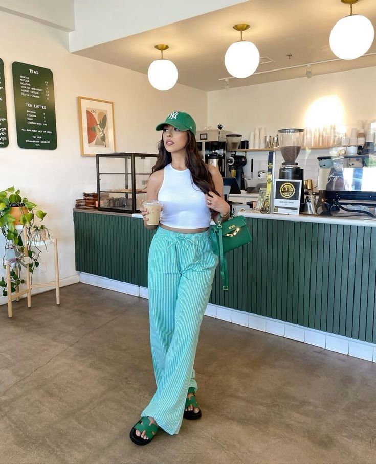 Trendy coffee shop Summer Outfits with a white cropped tank, mint green striped pants, and a matching green cap and accessories.