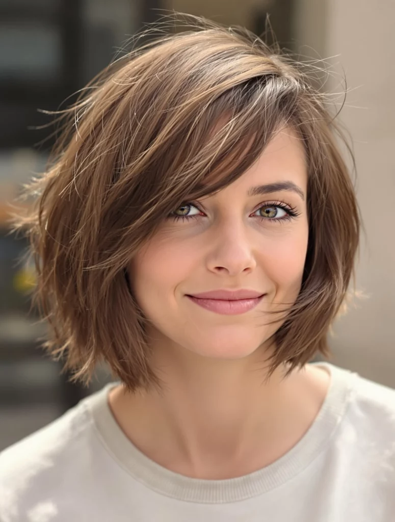 Cute Hairstyles for Short Hair with a side-swept, feathered bob in chestnut brown, perfect for a soft and casual everyday look.