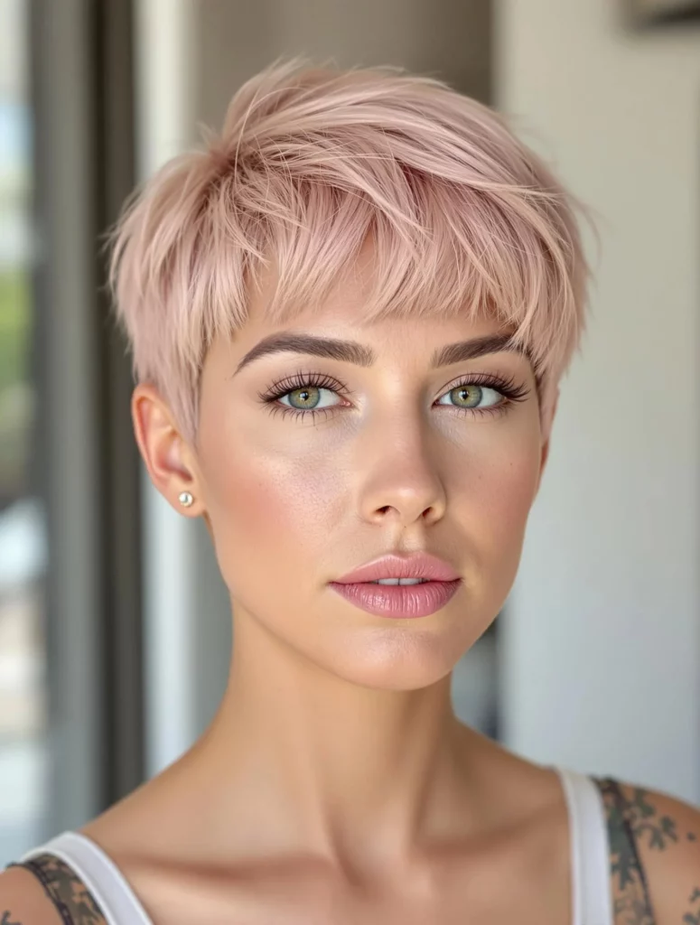Cute Hairstyles for Short Hair showcasing a bold pixie cut in pastel pink with choppy layers and micro bangs for a modern edgy style.