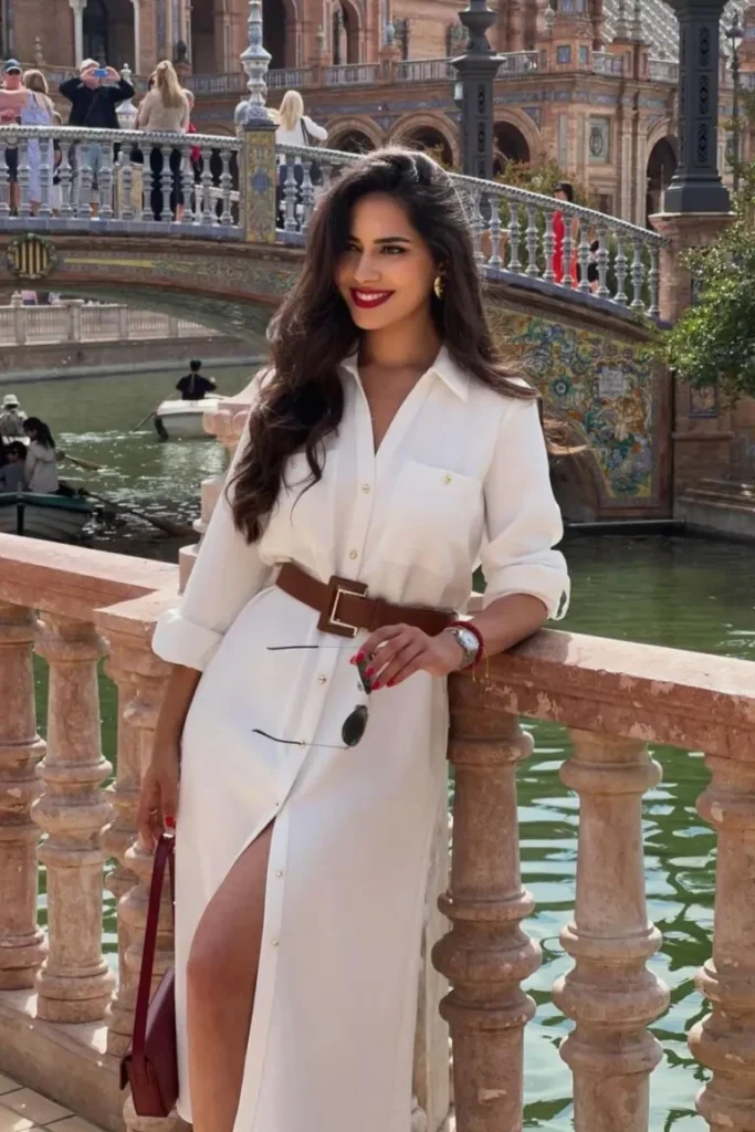 Woman wearing a white belted shirt dress with gold accessories and a burgundy bag, styled as a look expensive outfit.