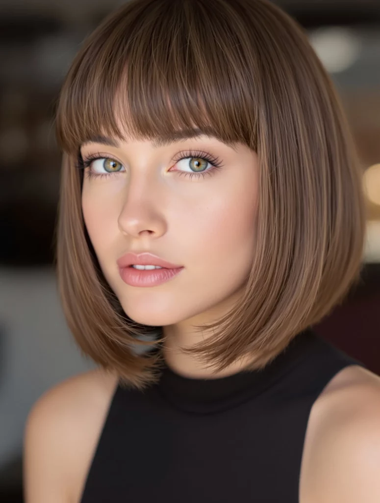Cute Hairstyles for Short Hair featuring a smooth chocolate brown bob with blunt bangs, styled in a polished and elegant finish.