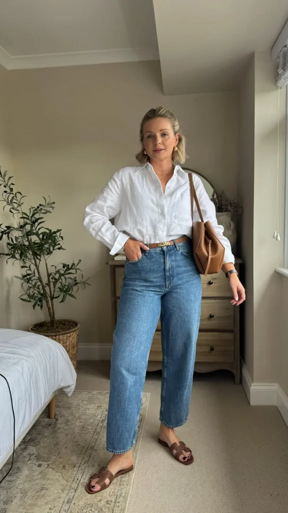 Relaxed Casual Summer Outfits with a classic white button-down shirt tucked into high-waisted straight-leg jeans, completed with brown sandals and a shoulder bag.
