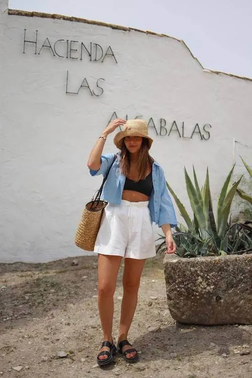 Casual and breezy Summer Vacation Outfit with a black bikini top, blue oversized shirt, white shorts, and a straw hat.