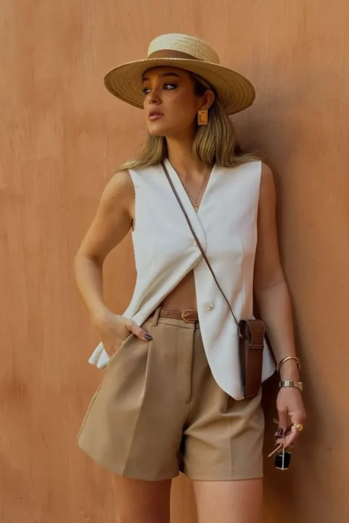 Neutral-toned Summer Vacation Outfit with beige shorts, a sleeveless white vest top, and a wide-brim straw hat for effortless resort style.