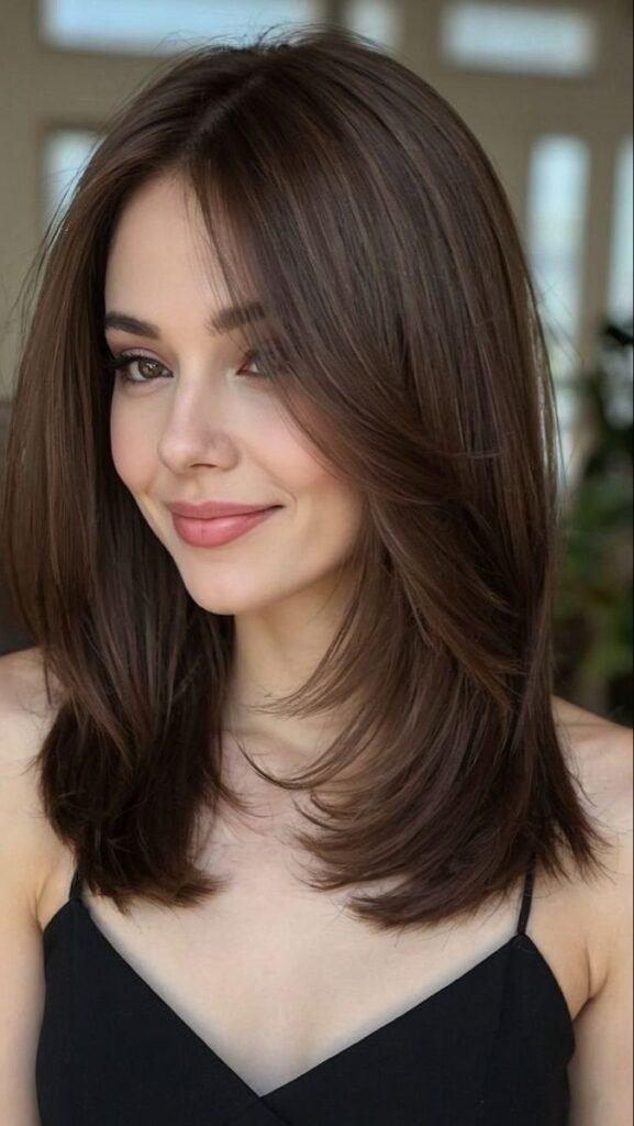 Cute Hairstyles for Short Hair featuring a long layered bob with a smooth finish and inward-curled ends, styled with a side part.