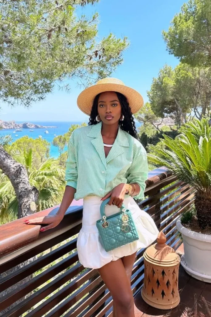 Playful and fresh Summer Vacation Outfit with a mint green striped shirt, flouncy white skirt, and a turquoise Dior handbag.